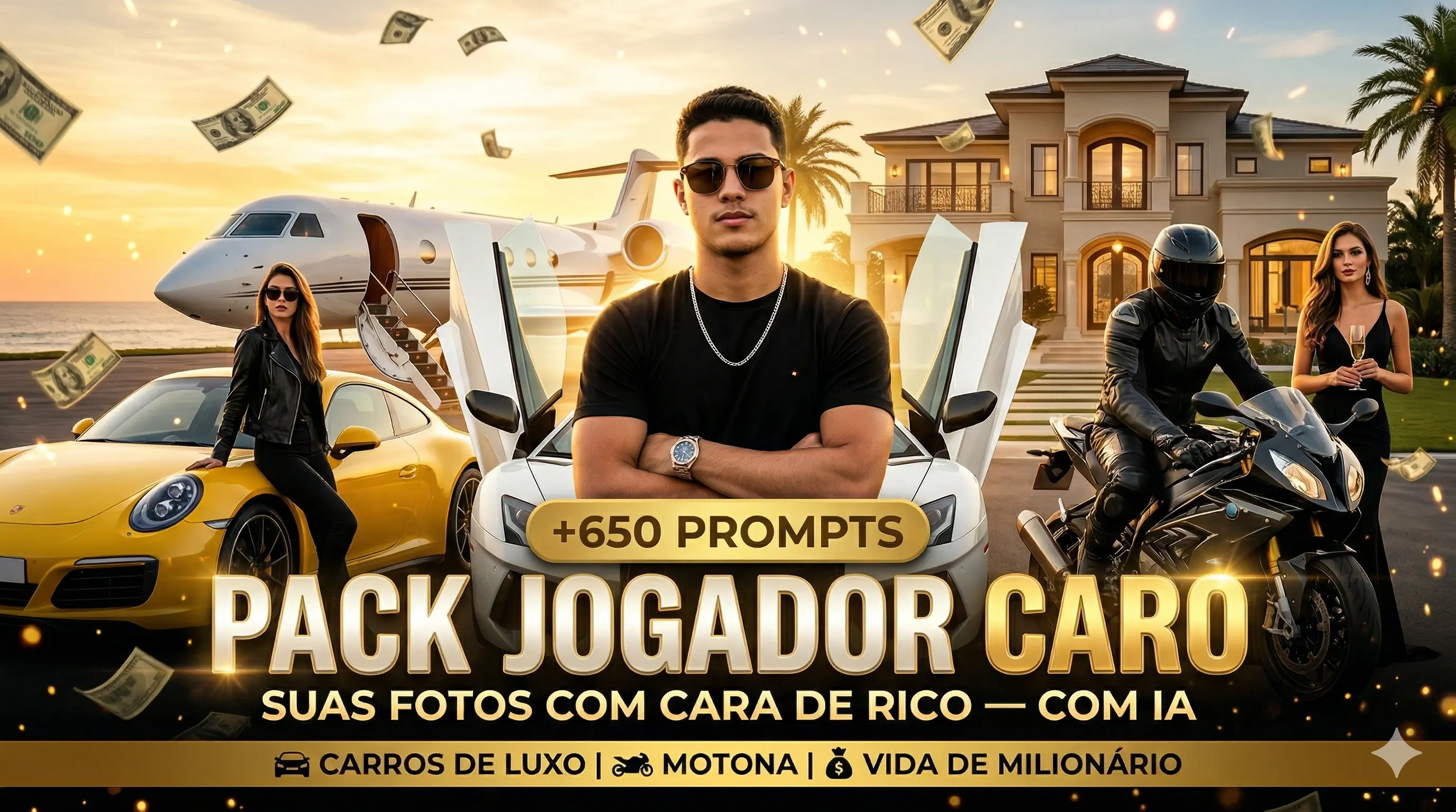Pack Jogador Caro — jatinho, Ferrari, mansão, chuva de dinheiro